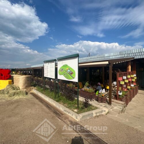 Фотографии выполненных работ компании «ABIE-GROUP» пристенной тентовой перголы 40х6м., для известного сыровара Олега Сироты. деревня Давыдовское, городской округ Истра, Московская область.
